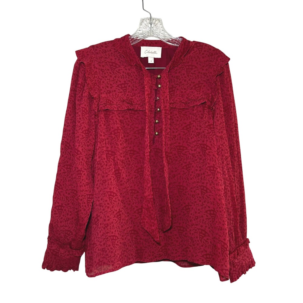 Cleobella Red Floral Print Ruffle Neck Tie Blouse Women's Size M preppy career
